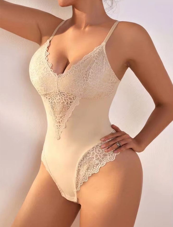 Women’s Black Lace Splice Bodysuit – Stylish V-Neck Floral Lace One-Piece Lingerie